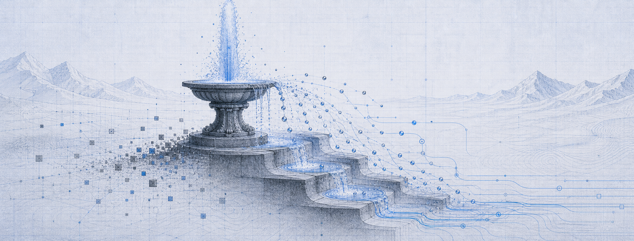 Blue graphite stone fountain where water droplets become workflow data points across stepped levels