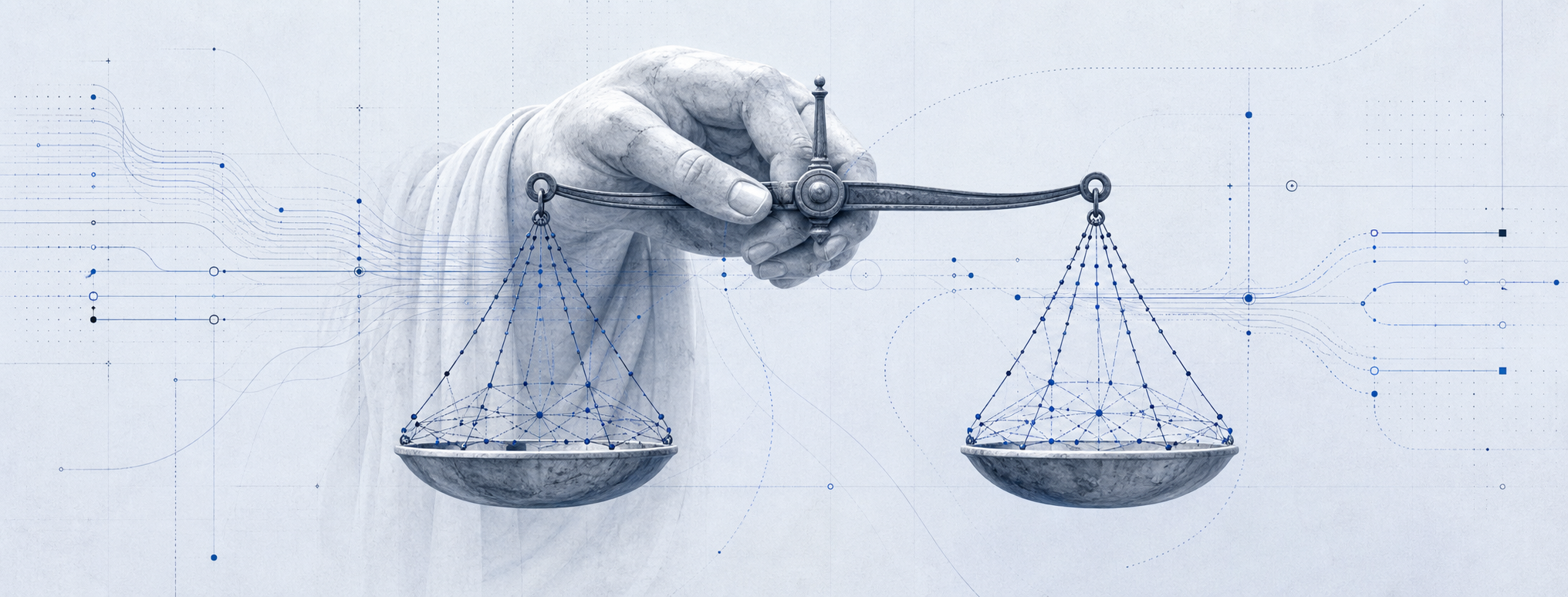Blue graphite editorial image of a marble hand holding balanced scales over signal lines and nodes