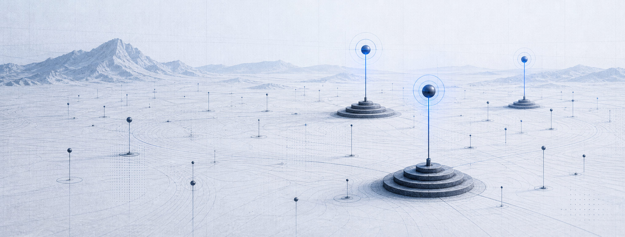 Blue graphite editorial image of faint signals passing through a stone attention aperture